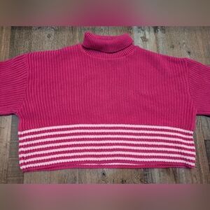 For Days Re-New Organic Cotton Knit Pink Striped Cropped Turtleneck Sweater M